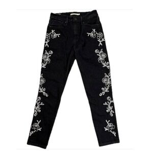 Levi's 721 High Rise Skinny 27 Black Jeans White Roses Embroidered Goth Emo Rock